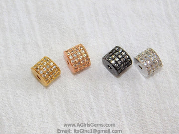 CZ Pave Barrel Beads, 6 x 8 mm Rose Gold Tube #249, Silveror Black Plated Cubic Zirconia Drum